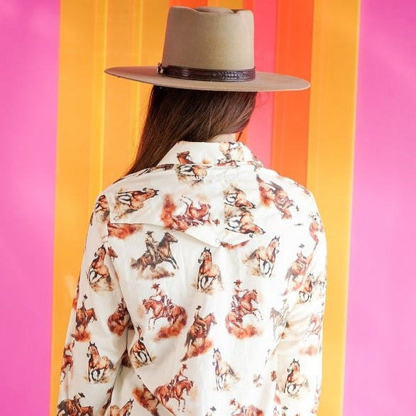 Cream Horse Pearl Button Down