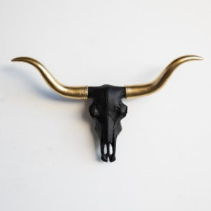 Faux Longhorn Black and Gold Mini Skull