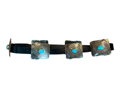 J. Alexander Black Leather Fluted Concho Belt with Turquoise