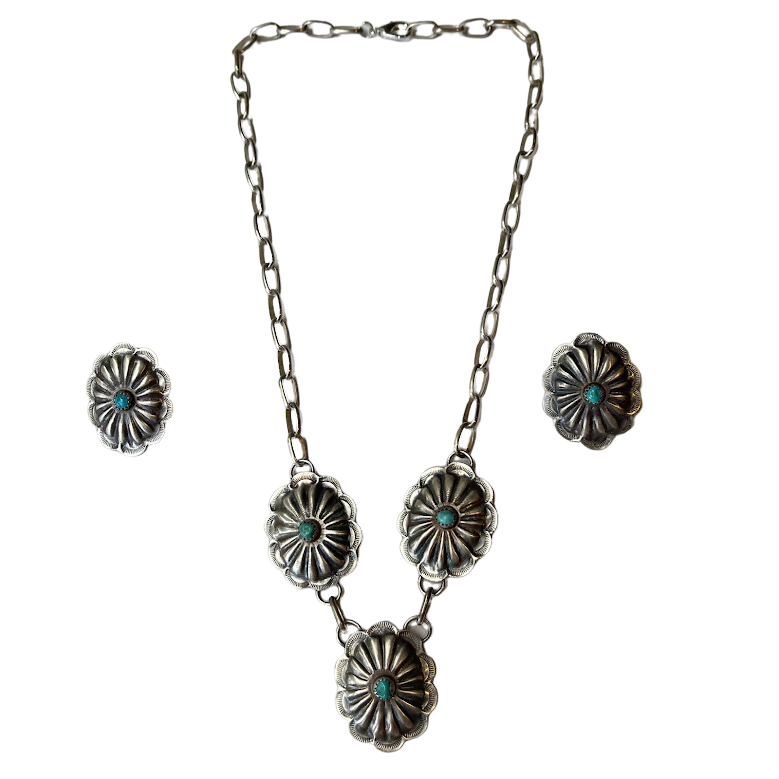 Sterling Concho Turquoise Necklace/Earring Set