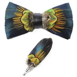 Handmade Green Feather Bow Tie with Lapel Pin